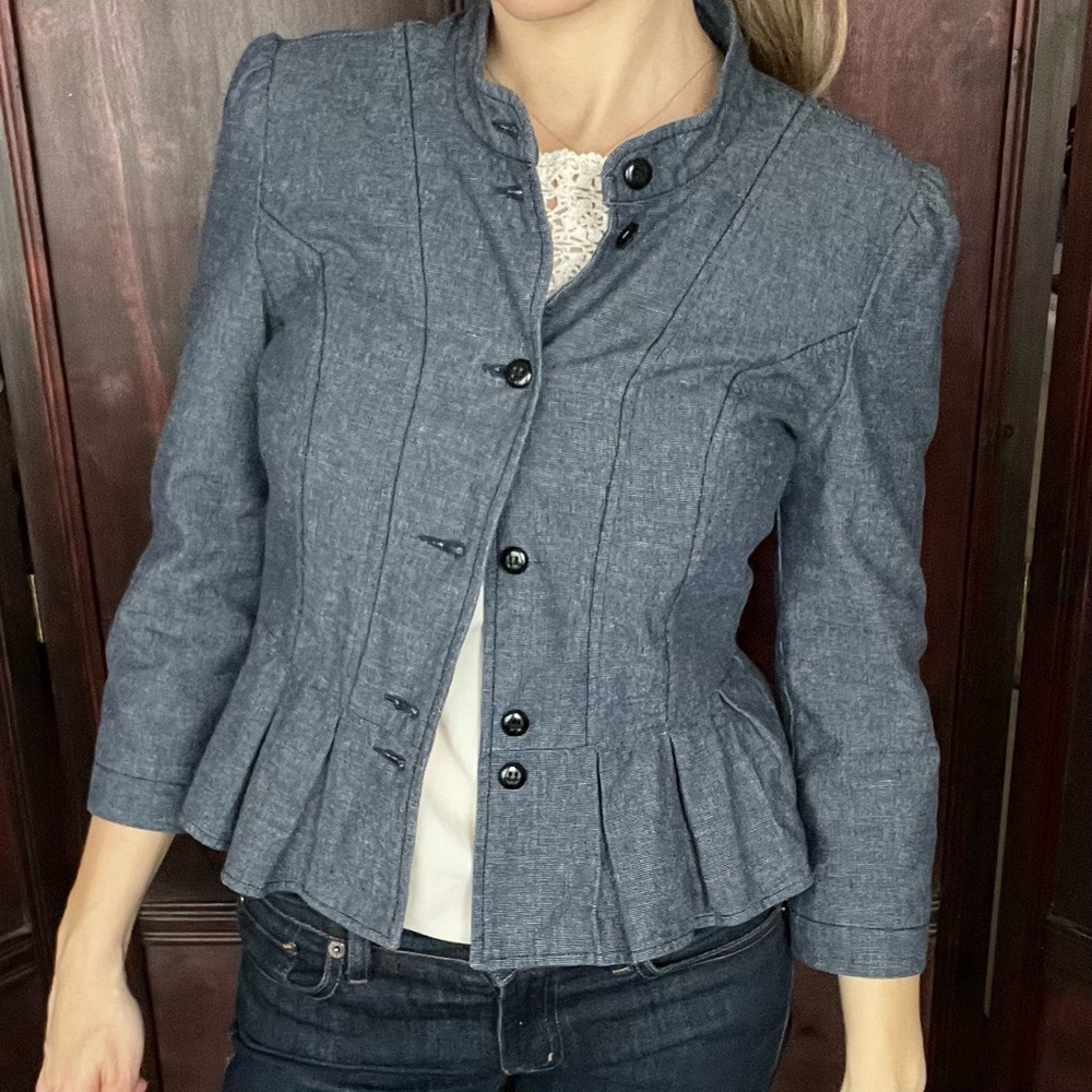 Tulle Denim Like Peplum Blazer size S fully lined. - Picture 9 of 13